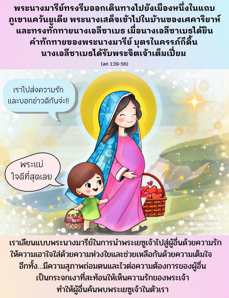 เมื่อนางเอลีซาเบธได้ยินคำทักทายของพระนางมารีย์ บุตรในครรภ์ก็ดิ้น นางเอลีซาเบธได้รับพระจิตเจ้าเต็มเปี่ยม (ลก. 1:39-56)